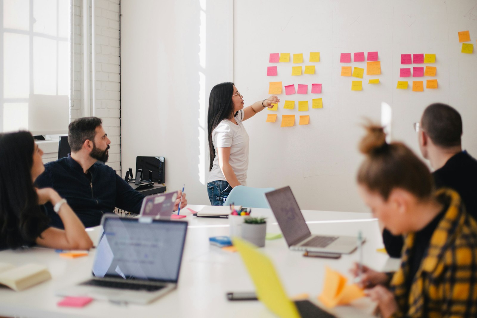 Team planning session at a whiteboard with sticky notes